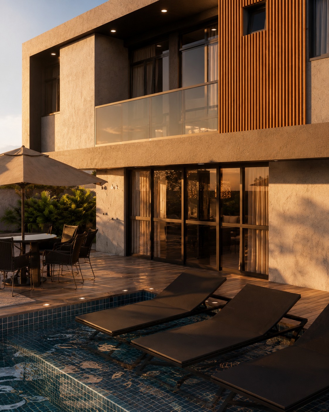 Deck lounge com espreguiçadeiras e área gourmet