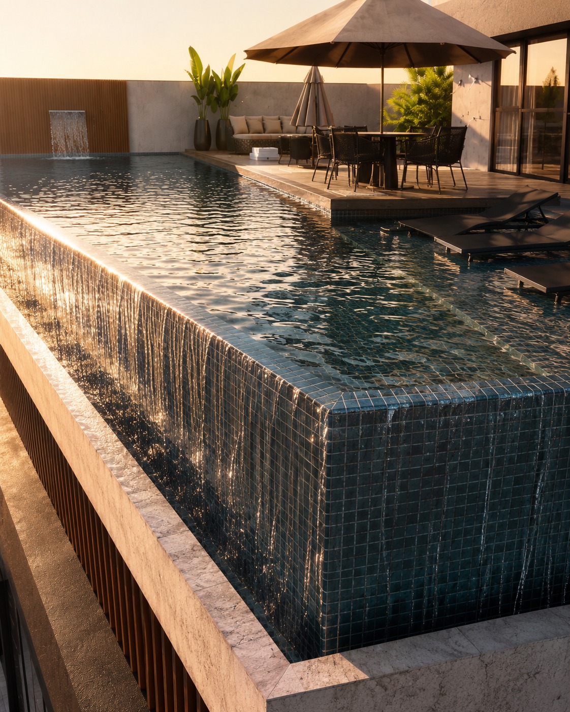Piscina com borda infinita no rooftop ao entardecer